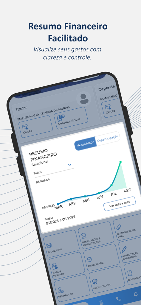 GEAP Beneficiário - Interface do aplicativo móvel GEAP Beneficiário mostrando um resumo financeiro com um gráfico de despesas e menu de navegação.