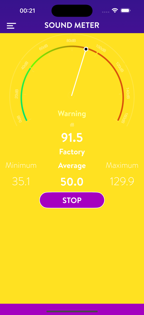Sound Meter (Noise Detector) - Sound Meter app screen showing a 91.5 decibel reading with a factory noise warning