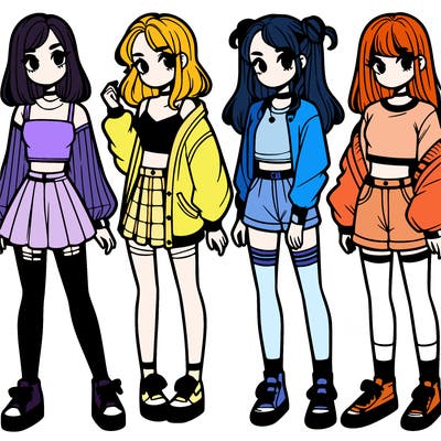 one girl with crop-top shirt and a jacket with a skirt, long socks and another girl with a shirt and pants with a jacket