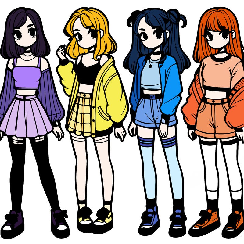 one girl with crop-top shirt and a jacket with a skirt, long socks and another girl with a shirt and pants with a jacket