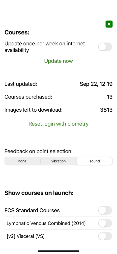 Settings screen of the 3D Counterstrain app showing course update options and feedback preferences