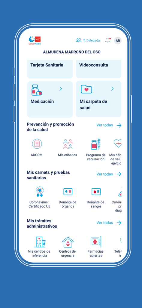 Home screen of the Tarjeta Sanitaria Virtual app displaying health categories like medication and clinical records