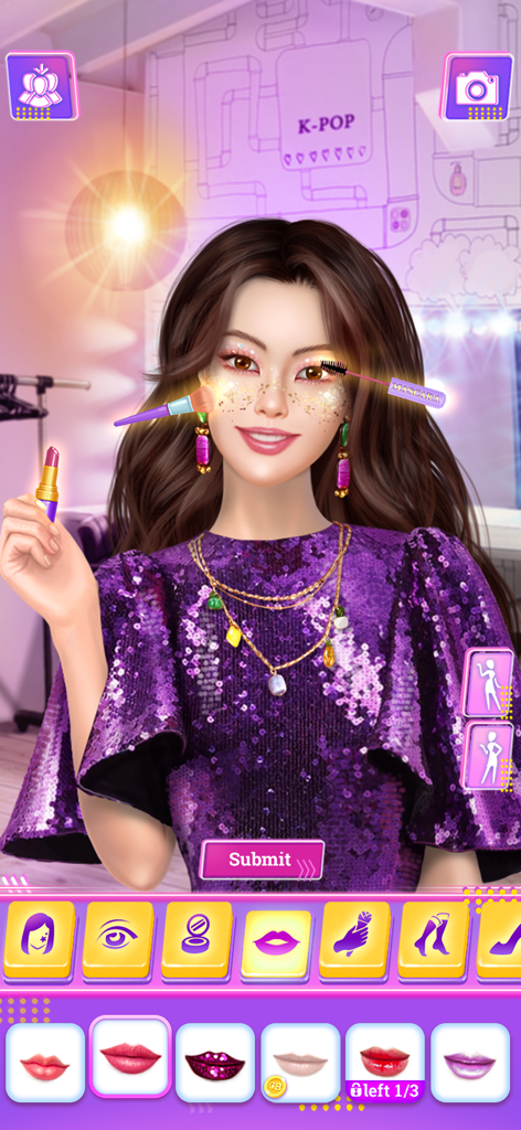 Kpop Dress Up & Fashion Battle - Tela de personalização de personagem mostrando aplicação de maquiagem para uma ídolo de Kpop