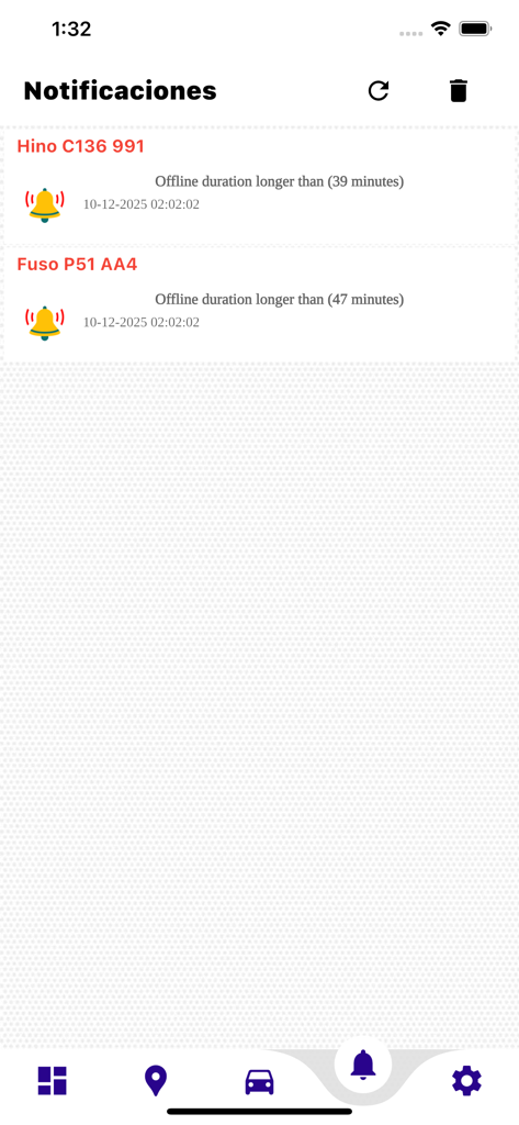 POLARIS GPS - POLARIS GPS Benachrichtigungsbildschirm mit Alarmen für Fahrzeug-Offline-Status