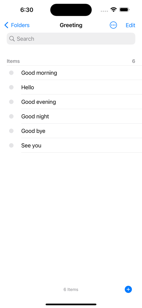 Text To Speech - Read Aloud - Interface showing a Greeting folder with preset phrases like Good morning and Hello for quick text to speech playback.