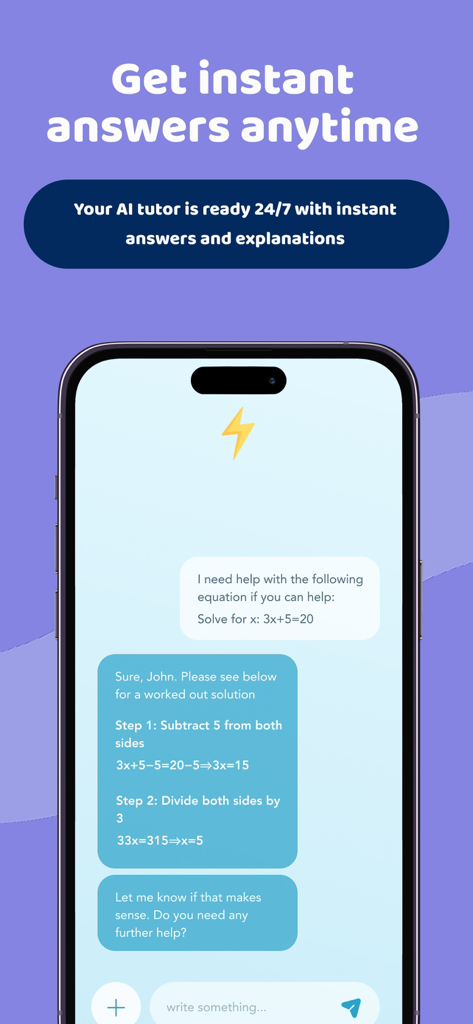Flash Learning - Flash Learning app interface showing an AI tutor providing step-by-step solutions for a math equation in a chat.