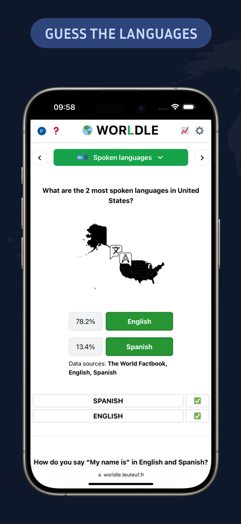 Worldle - Guess The Country! - Worldle mobile app screenshot featuring the spoken languages bonus round trivia.