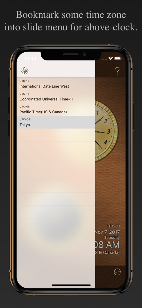 TiZo Pro - Screenshot of TiZo Pro app showing a slide-out menu for bookmarking global time zones like Tokyo and Pacific Time.