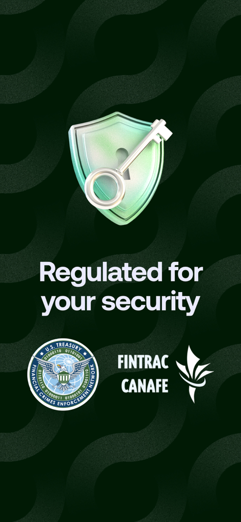 Mobile app screen showing a security shield and key with regulatory logos for FinCEN and FINTRAC.