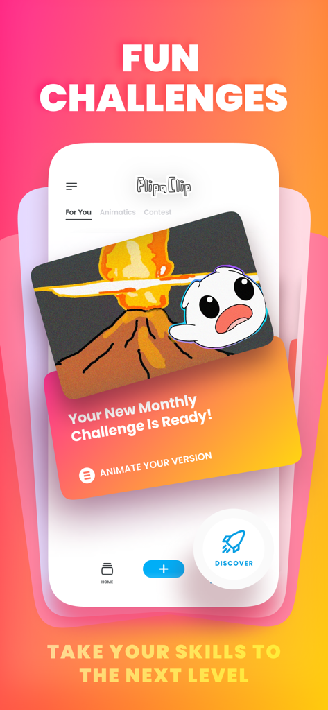 FlipaClip app interface showcasing monthly community animation challenges and contests.