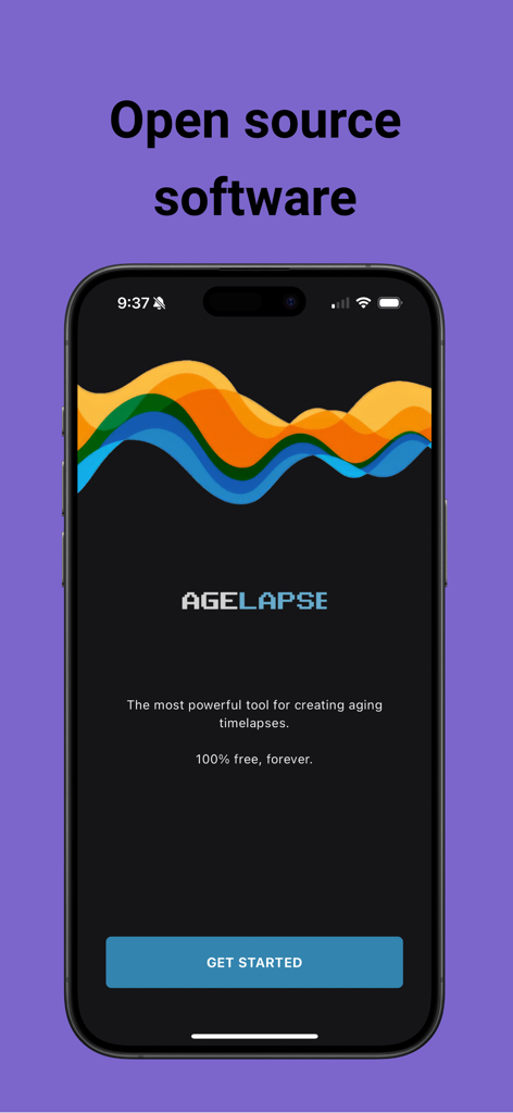AgeLapse - Welcome screen of the AgeLapse app on an iPhone highlighting its free open source aging timelapse software