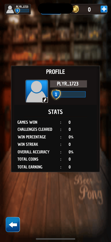 User profile and statistics menu in the Beer Pong Trickshot mobile app showing games won and earnings.