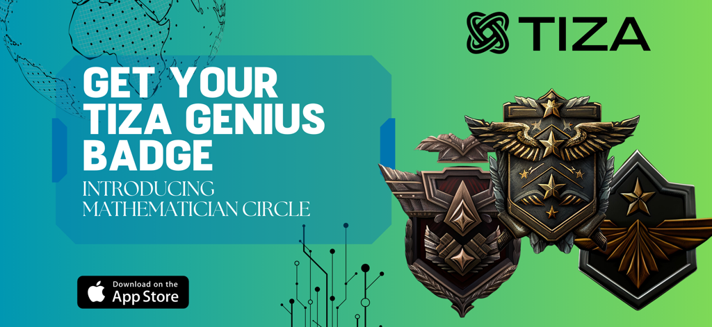 Promotional banner for the TIZA app showcasing the Genius Badge and Mathematician Circle math challenges
