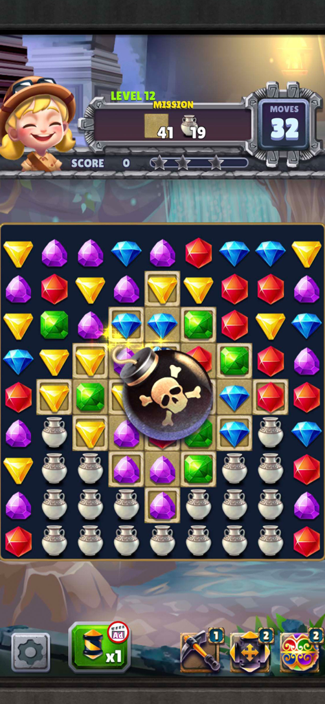 Jewel Hunter Lost Temple - Jewel Hunter Lost Temple match 3 puzzle gameplay with colorful jewels and a bomb power up