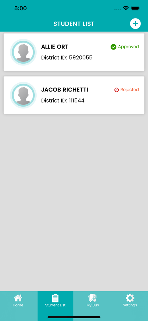 A mobile interface for the Edulog Parent Portal showing a student list with approved and rejected profiles
