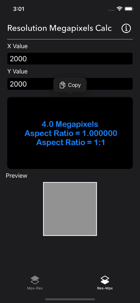 Megapixels Resolution Calc - Megapixels Resolution Calc app showing 4 megapixels for a 2000 by 2000 pixel image with a 1 to 1 aspect ratio
