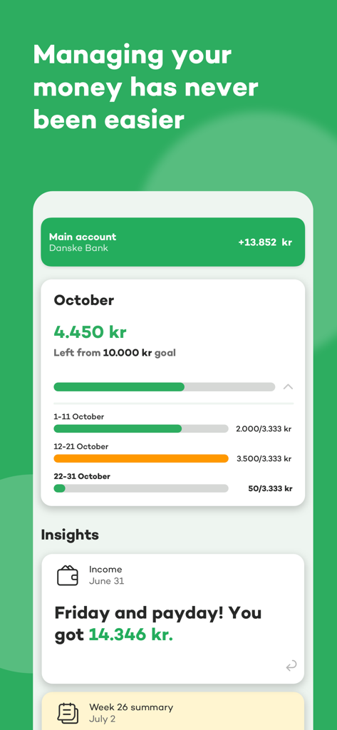Spiir - Interface do aplicativo Spiir exibindo um resumo financeiro, progresso do orçamento mensal e insights do dia de pagamento.