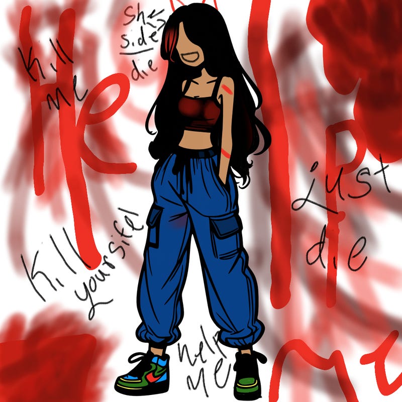 girl in baggy pants crop top and long hair