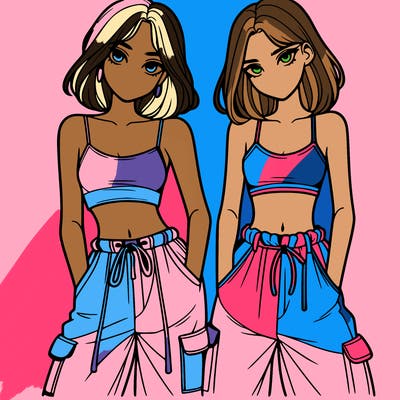 two girls with crop top with baggy pants