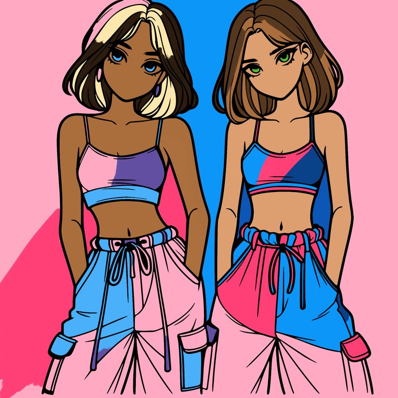two girls with crop top with baggy pants