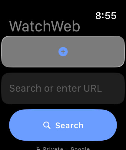 The search interface of the WatchWeb browser on an Apple Watch screen.