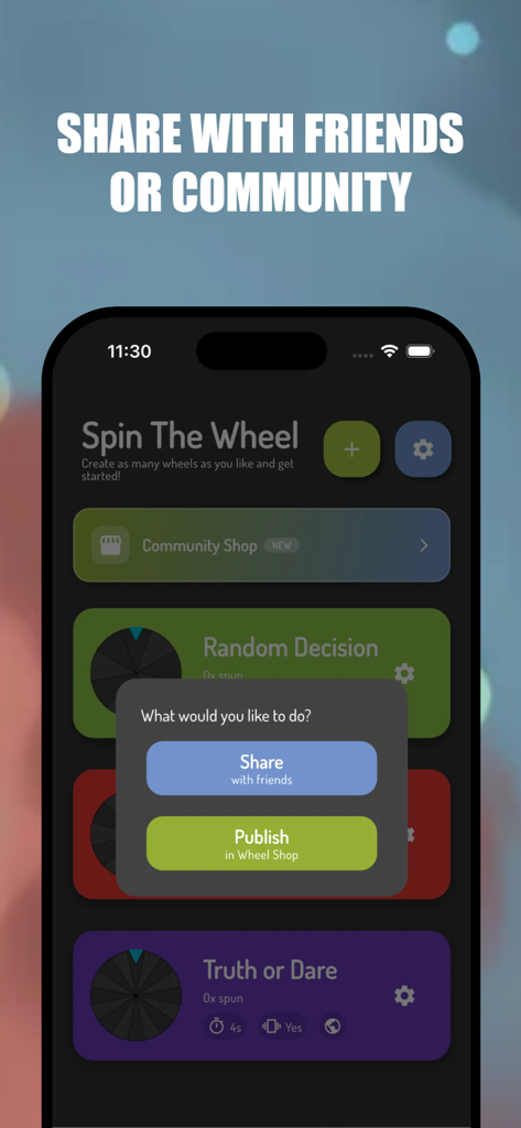 Spin The Wheel - Random choice - Interfaz que muestra opciones para compartir una ruleta de decisiones personalizada con amigos o publicarla en la tienda de la comunidad en la aplicación Gira la Ruleta.