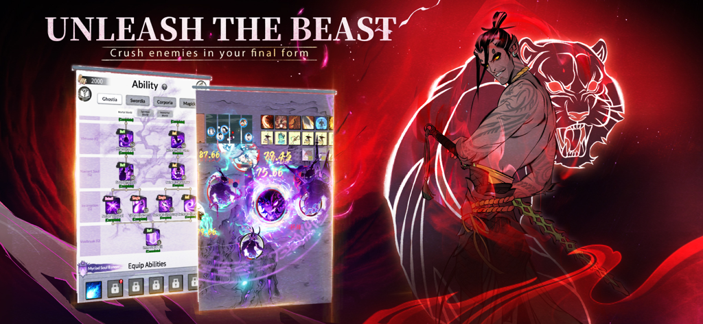 Overmortal gameplay showing skill upgrade menu and combat scene with a beast spirit