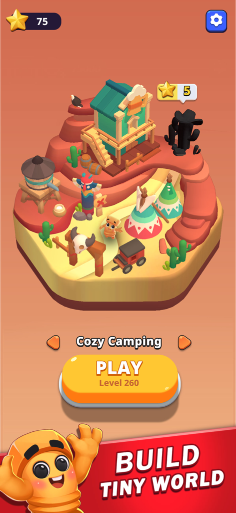 Nuts Sort Master app screenshot showing a Western-themed diorama for the Cozy Camping level with a build tiny world call to action