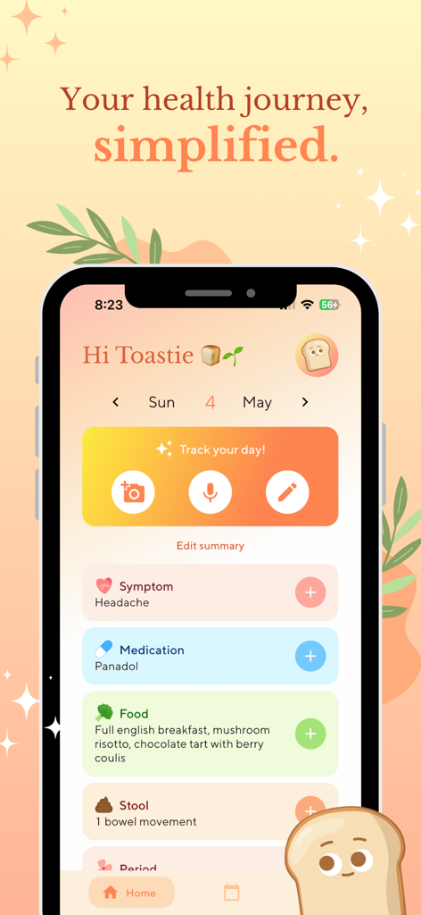 Toastie - Health Tracker - Interface of the Toastie health tracker app showing daily logs for symptoms medications and meals with a warm and friendly design