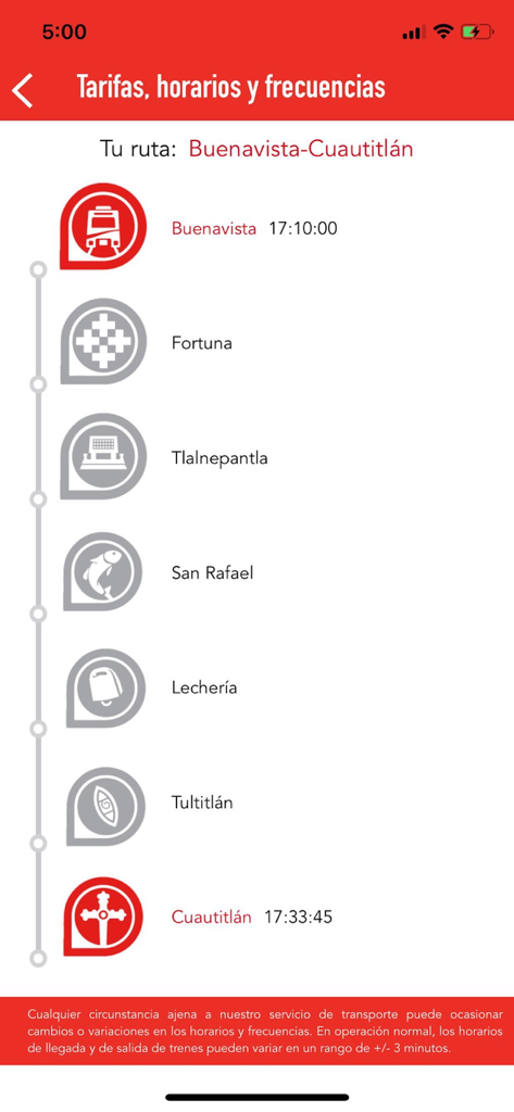 Mi Suburbano - Train route and schedule screen in the Mi Suburbano app showing stations from Buenavista to Cuautitlan