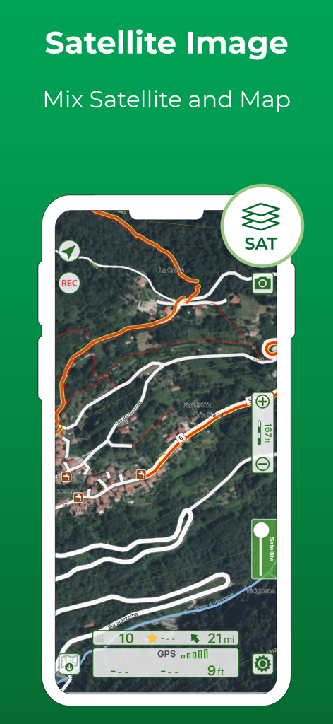 Terra Map - Trail Explorer - Terra Map mobile interface showing a satellite imagery overlay combined with topographic trail lines and GPS data for outdoor navigation