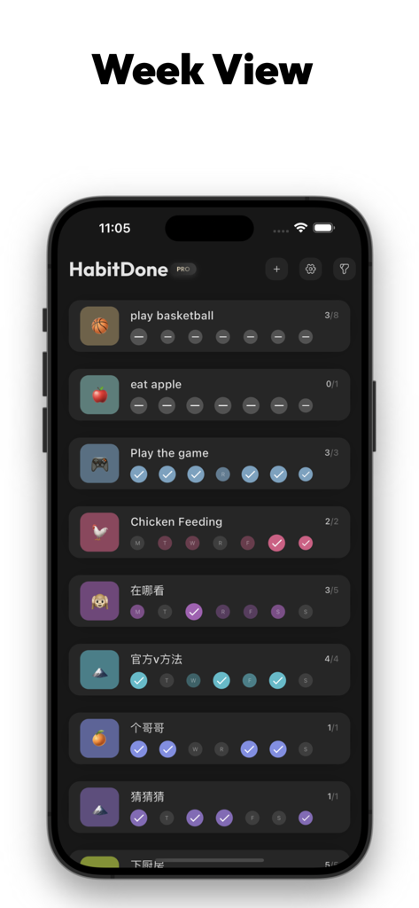 A screenshot of the HabitDone app showing a weekly progress view for various habits