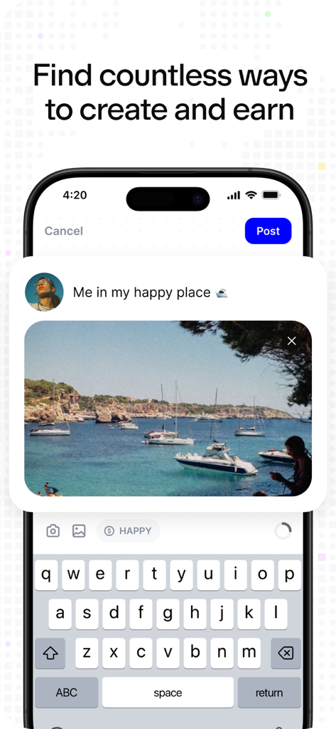 Base: Formerly Coinbase Wallet - Un téléphone portable affichant l'interface de l'application Base pour créer une publication sociale avec une photo de bateaux et le texte Trouvez d'innombrables façons de créer et de gagner