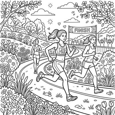 Get ready to color a dynamic spring race scene featuring determined endurance runners pushing towards the finish line. This inspiring page captures the energy of competition amidst beautiful blooming flowers, perfect for a refreshing creative break.