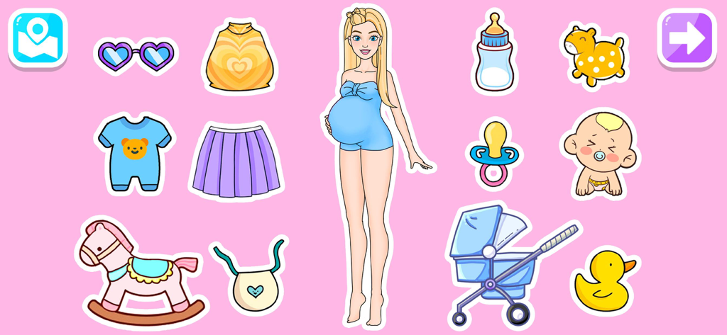 Uma personagem de boneca de papel grávida cercada por itens e acessórios com tema de bebê em um jogo de moda DIY
