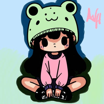 a girl wearing a frog hat and some frog socks