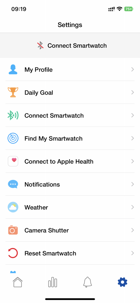 Settings screen of the Goji Active app displaying options for user profile daily goals and smartwatch connectivity
