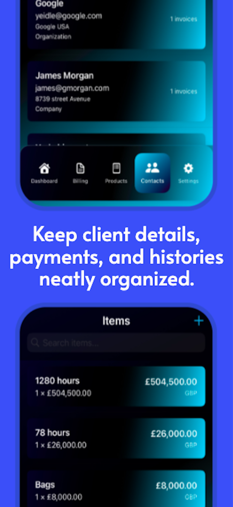 Mobile app interface for organizing client details and billable service items