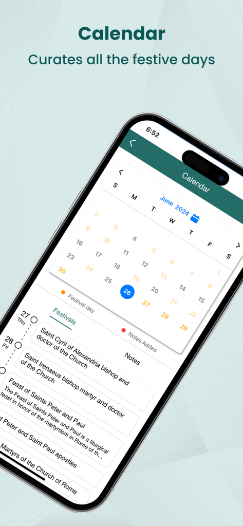 A smartphone display showing a liturgical calendar within the Catholic Bible app highlighting religious feast days and festivals.