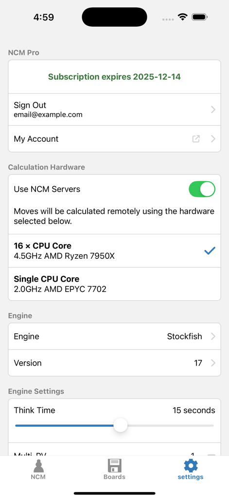 The settings screen of the Next Chess Move app showing Pro subscription details and calculation hardware options including AMD Ryzen 7950X servers.