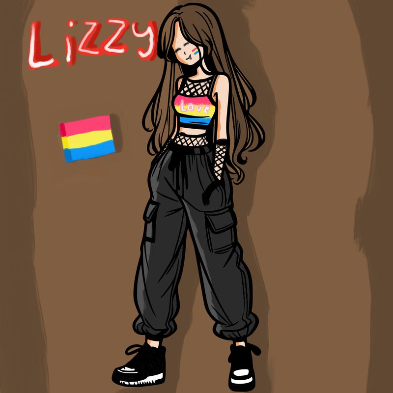 girl in baggy pants crop top and long hair