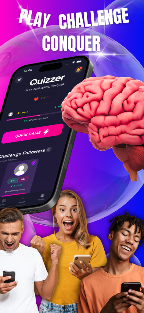 Quizzer trivia app screen showing people playing and the slogan Play Challenge Conquer