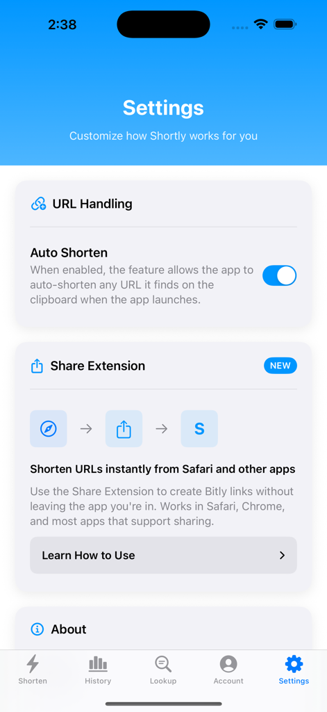 A tela de configurações do aplicativo Shortly mostrando opções de tratamento de URL e extensão de compartilhamento.