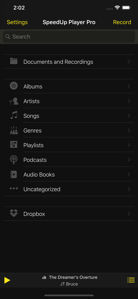 SpeedUp Player Pro + - Main navigation menu of SpeedUp Player Pro showing audio file categories