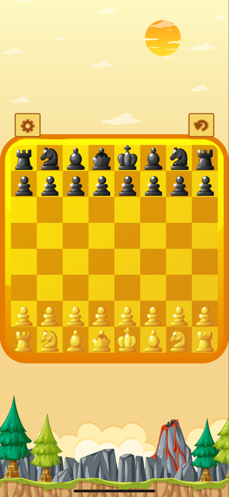 Super Chess for Watch & Phone - Una colorida interfaz de tablero de ajedrez en la aplicación Super Ajedrez con un fondo escénico de atardecer
