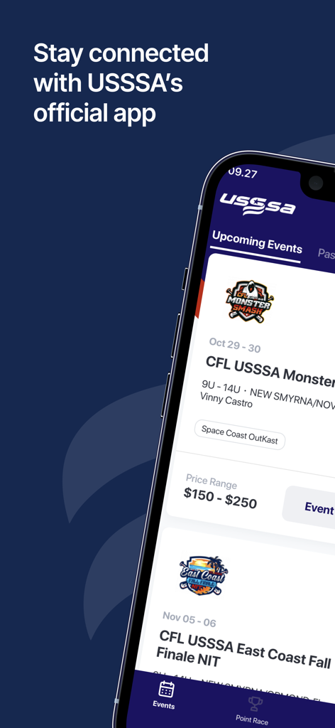 USSSA - 公式USSSAモバイルアプリに、今後のトーナメントイベントとスケジュールが表示されています