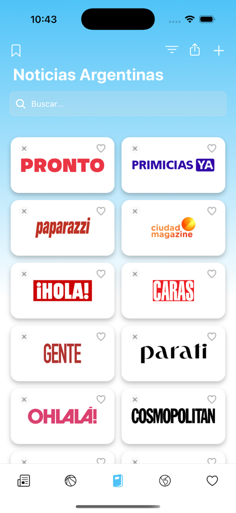 Muestra en cuadrícula de revistas argentinas de celebridades y estilo de vida dentro de la interfaz de la app de noticias.