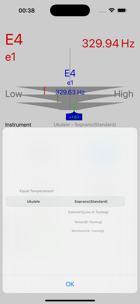 Accurate Ukulele Tuner app screen showing frequency display and tuning mode selection menu