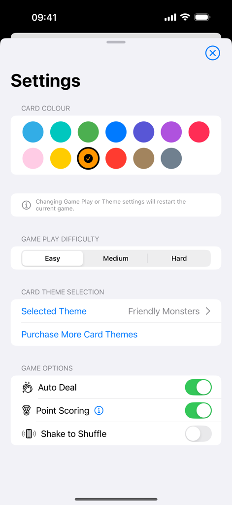 Memory Matcha - Settings menu for the Memory Matcha app showing card color customization and difficulty levels
