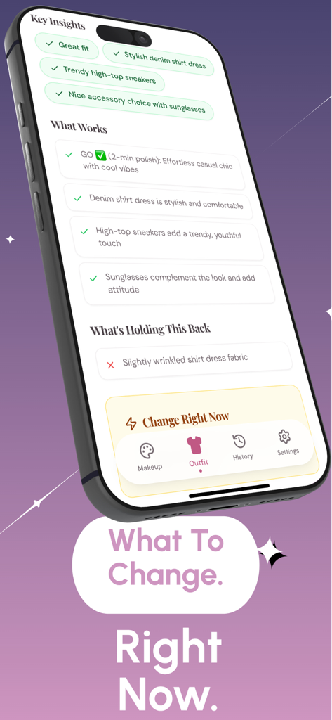 GlowFit: Makeup & Style AI - Pantalla de la aplicación GlowFit mostrando información de estilo IA y comentarios sobre atuendos con recomendaciones para mejorar un look